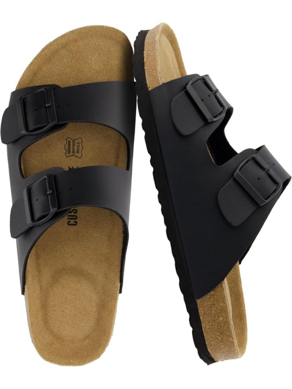 Men's Black Nappa Lane Cork Footbed Sandals Adjustable Buckle Comfort Slides